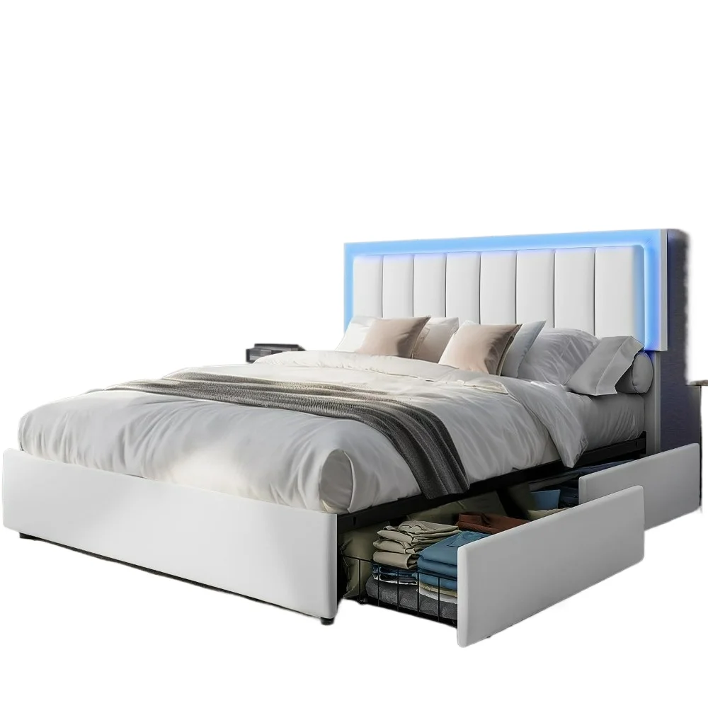 Bed Frame, Upholstered Platform Bed with Faux Leather Headboard and LED Lights and Storage Drawers, Strong Wooden Slats Support 6