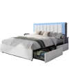 Bed Frame, Upholstered Platform Bed with Faux Leather Headboard and LED Lights and Storage Drawers, Strong Wooden Slats Support 6