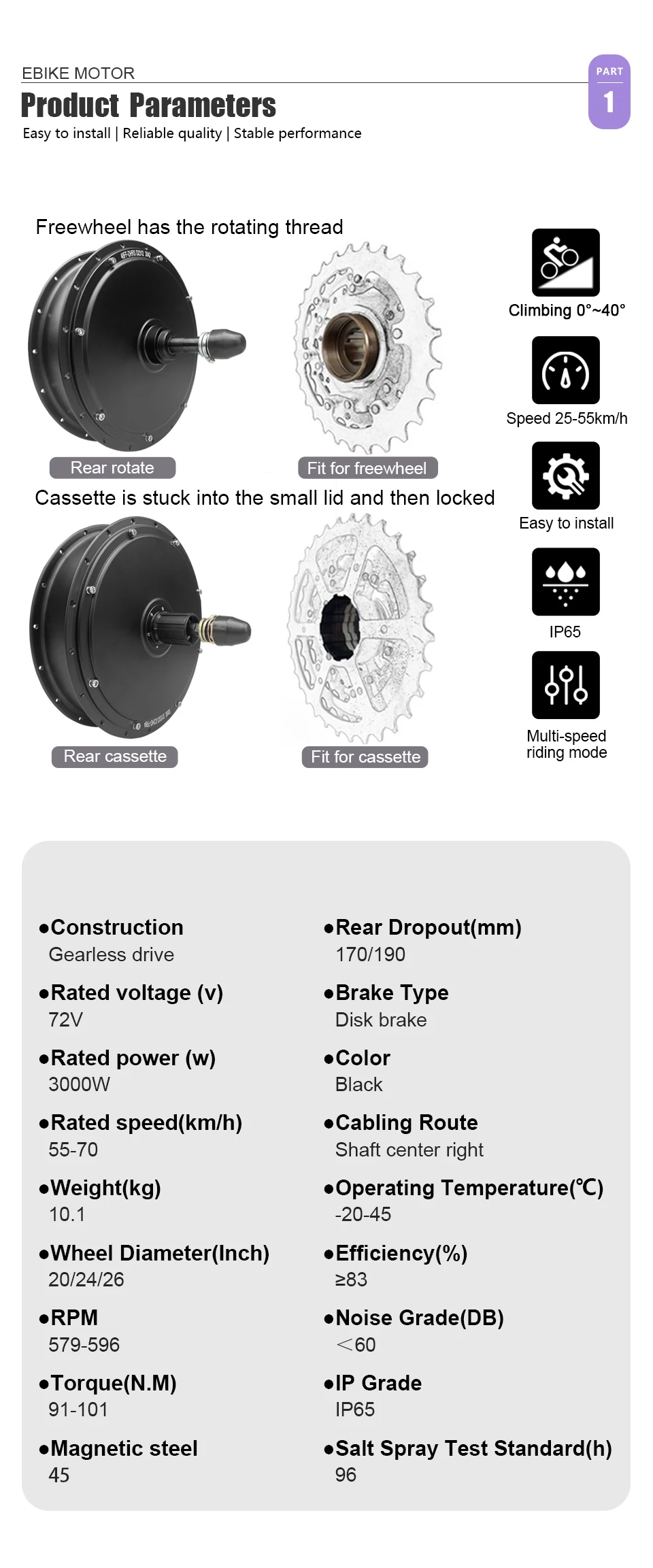 Description Picture 4 of itemFatbike 72V3000W Snow Electric Bicycle Conversion Kit 4.0 20”24”26”Tire Wheel Hub Motor Rear Dropout 170mm/190mm
