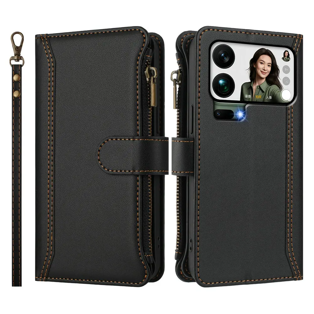 Crossbody 9-Card Zipper Leather Flip Wallet Case
