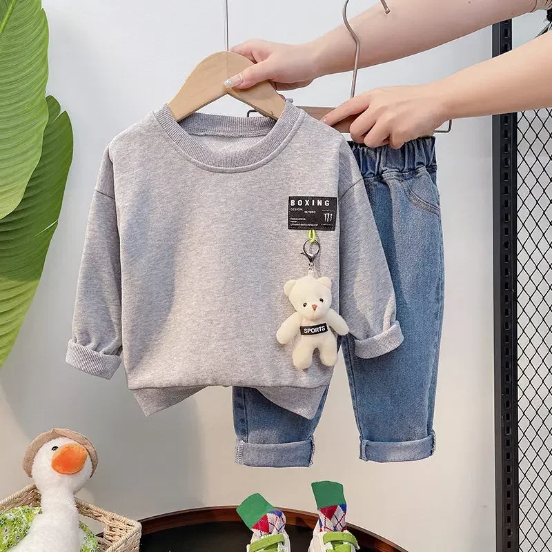

Spring Baby Boys Children Clothing Toddler Tracksuits Clothes Long Sleeve Cartoon T-shirt Jeans Set Cotton Suits 0-5 Years