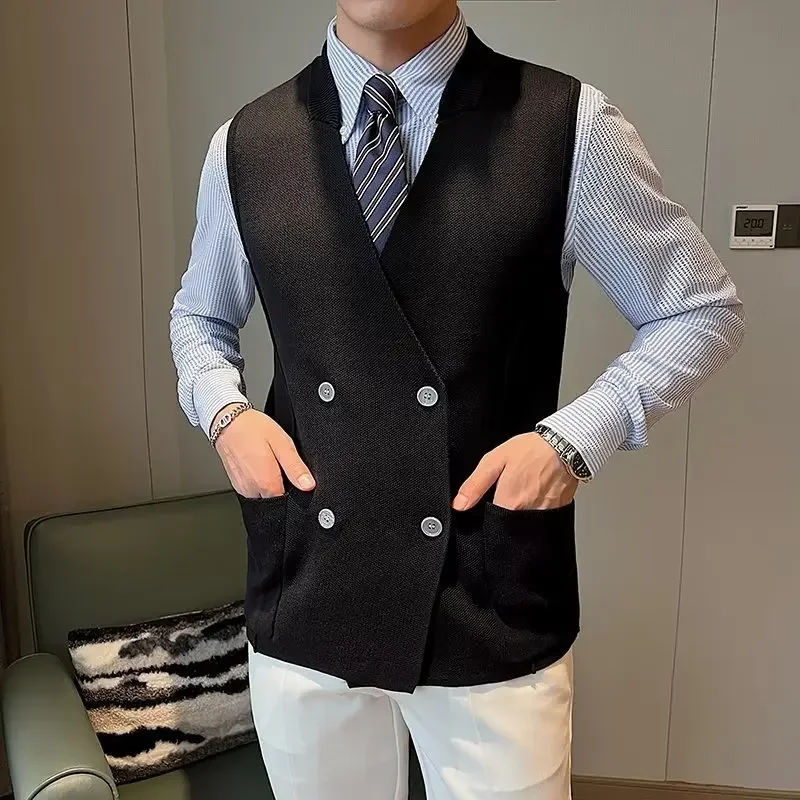 Autumn Winter Men Sleeveless Knitted Vest British Style Double Breasted Male Waistcoat Party Business Slim Fit Chaleco Hombre 4