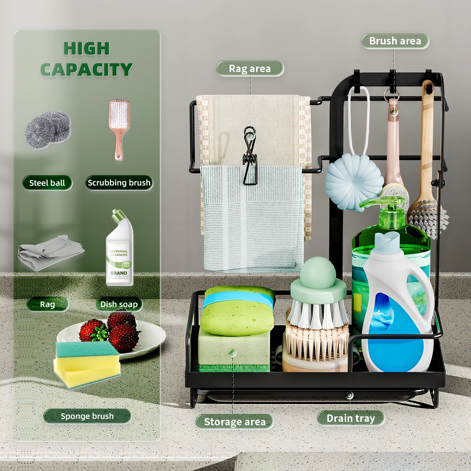 kitchen sink storage rack,faucet sponge rag holder,Bathroom drain rack with hook,Soap and cleaning supplies storage box 3