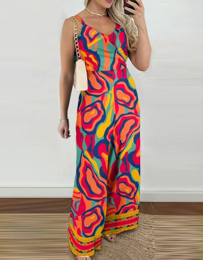 Women's Jumpsuit Casual Vacation Baroque Leopard Random Print  V-Neck Spaghetti Strap Shirring High Waist Wide Leg Jumpsuit