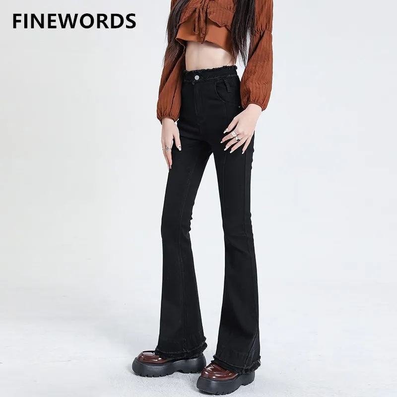 

FINEWORDS Winter High Waist Skinny Flare Jeans Women Korean Casual Thicken Stretch Bell Bottom Jeans Push Up Black Denim Pants