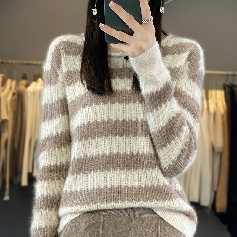 

Autumn and Winter New Women's 100% Mink Fleece Sweater O-neck Knitted Pullover Casual Loose Large Colored Fashion Women's Top