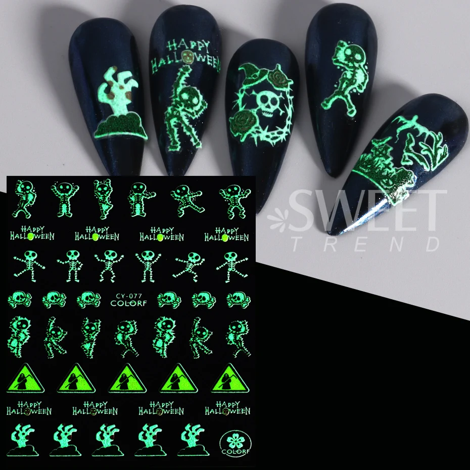 Luminous Halloween Nail Art Stickers 3D Spooky Sliders Glow Dark Pumpkin  Evil Eye Spider Skull Snake Polish Holiday Decoration - AliExpress