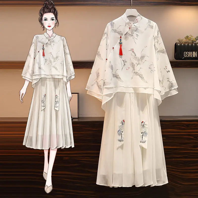 

2022 Traditional Chinese Hanfu Crane Two-piece suit chiffon Elegant Blouse Embroidery National Women's Improved Clothes Short Ta