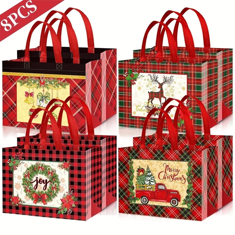 8/12Pcs Christmas Plaid Tote Bags Reusable Red Green Grocery Shopping Bags Non Woven Gift Party Treat Goodie Favors