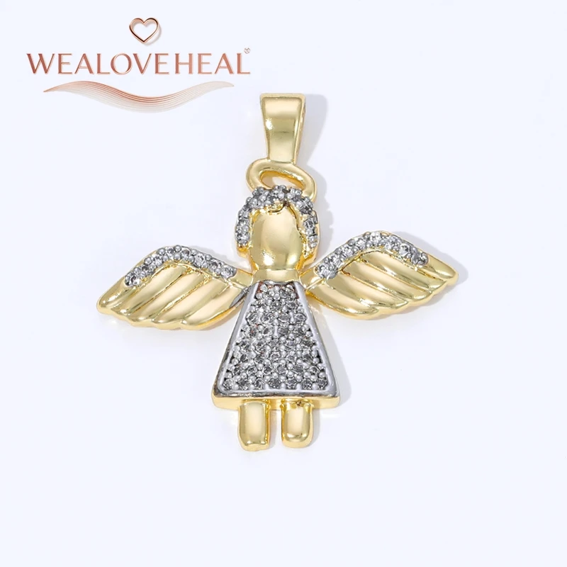 Luxuriöse zweifarbige Zirkon-Engelsflügel-Anhänger, 18 Karat vergoldetes Messing-Engel-Anhänger-Charms für DIY-Halsketten-Schmuckherstellungszubehör