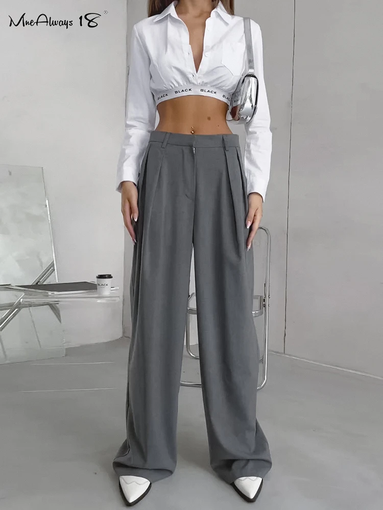 

Mnealways18 Classic Gray Pleated Wide Legs Pants Female Floor-Length Casual Solid Baggy Trousers Office Ladies Long Pants 2024