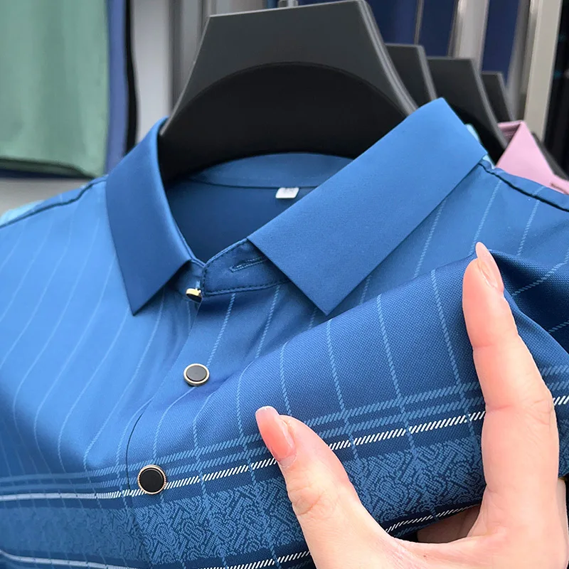 

High-end Summer T-shirt Striped Waffle Polo Shirt Male Korean Version Short Sleeve Business Fashion Casual Solid Color M-4XL