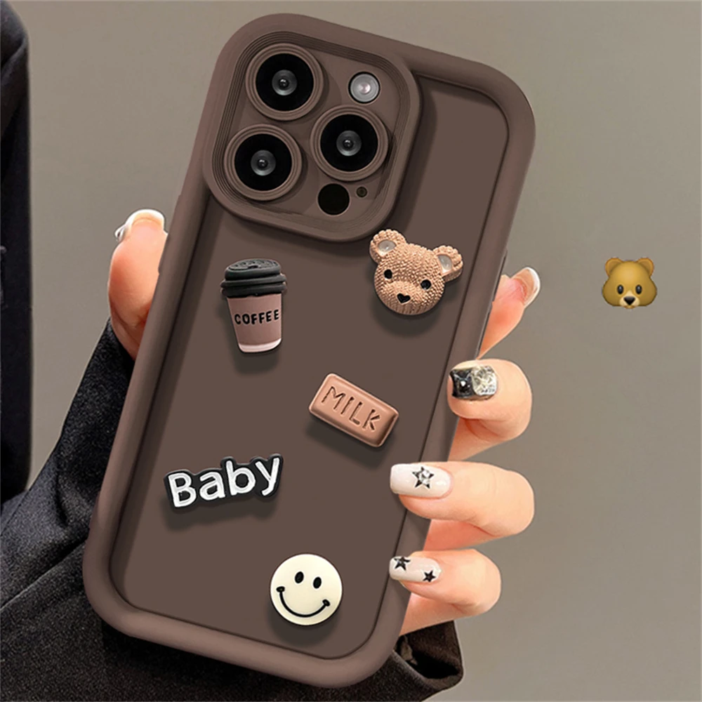 thumbnail image 1 of Korean Cute Cartoon 3D Coffee Bear Phone Case For iPhone 15 14 13 12 11 Pro Max X XR Soild Color Silicone Shockproof Soft Cover, 1 of 5