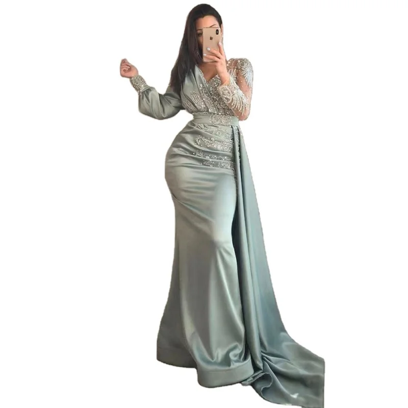 

Muslim Green Mermaid Satin Elegant Beaded Overskirt Evening Dresses Customized Best Price Party Gowns 2023 For Women