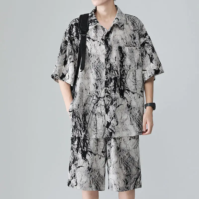Ice Shreds Quick Drying Casual Printing Lapel Collar Motion Loose High Street Fashion Men Summer Shirt Comfortable Two Piece Set