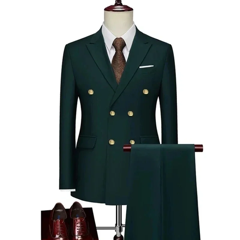2 Pcs Set Gold Button Blazers Jacket Pants / Fashion Men's Casual Boutique Business Solid Color Suit Coat Trousers mens suit