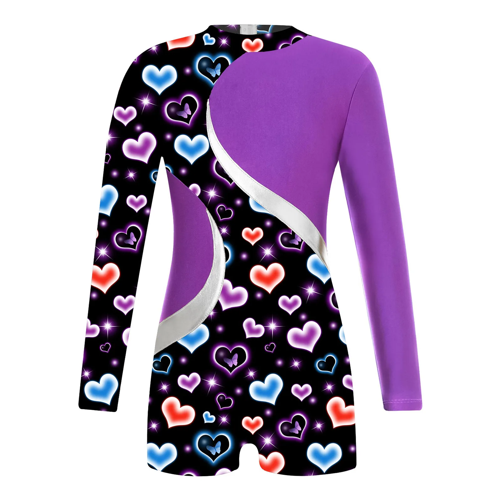 Kids Girls Print Ballet Dance Leotard Long Sleeve Gymnastics Jumpsuit Keyhole Back Patchwork Boyleg Sport Athletic Bodysuit