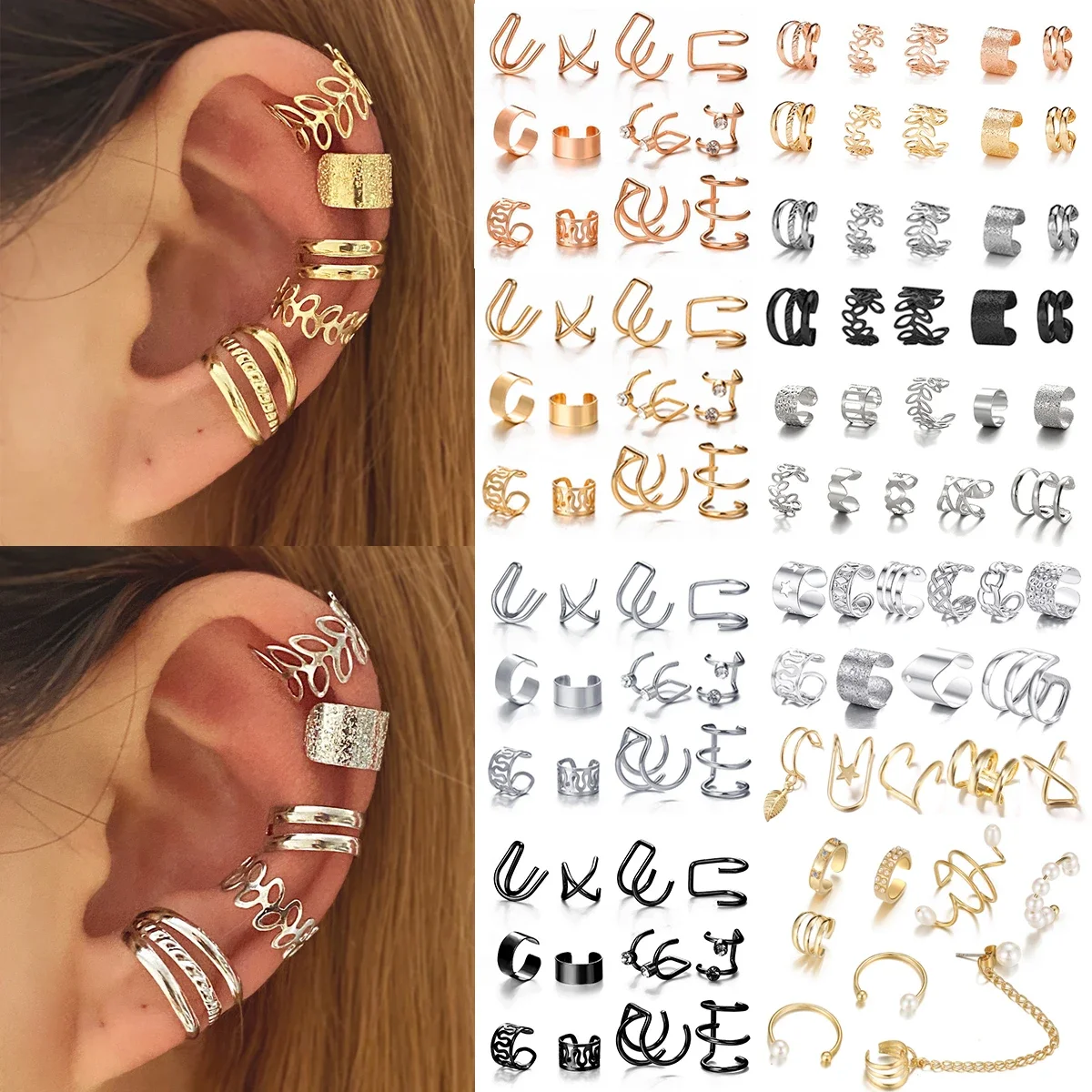 Leaves Clip Earrings for Women Rose Gold Color Creative Simple C Ear Cuff Non-Piercing Ear Clips Set 10 Pcs