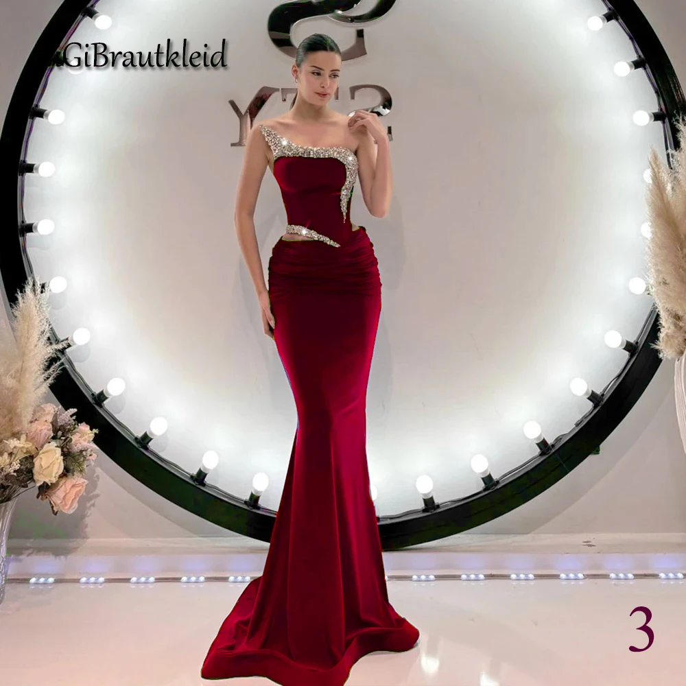 GiGiBraut Women Satin Occasion Dresses Mermaid Pleated Crystals One Shoulder Prom Gowns Robes De Soiree Customized cocktail dress evening dresses
