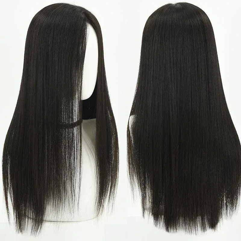 20인치 5*5 실크 베이스 인모 가발, 에어뱅과 베이비 헤어가 있는 프리 플러킹된 스트레이트 브라질리언 레미 헤어 가발 (여성용)