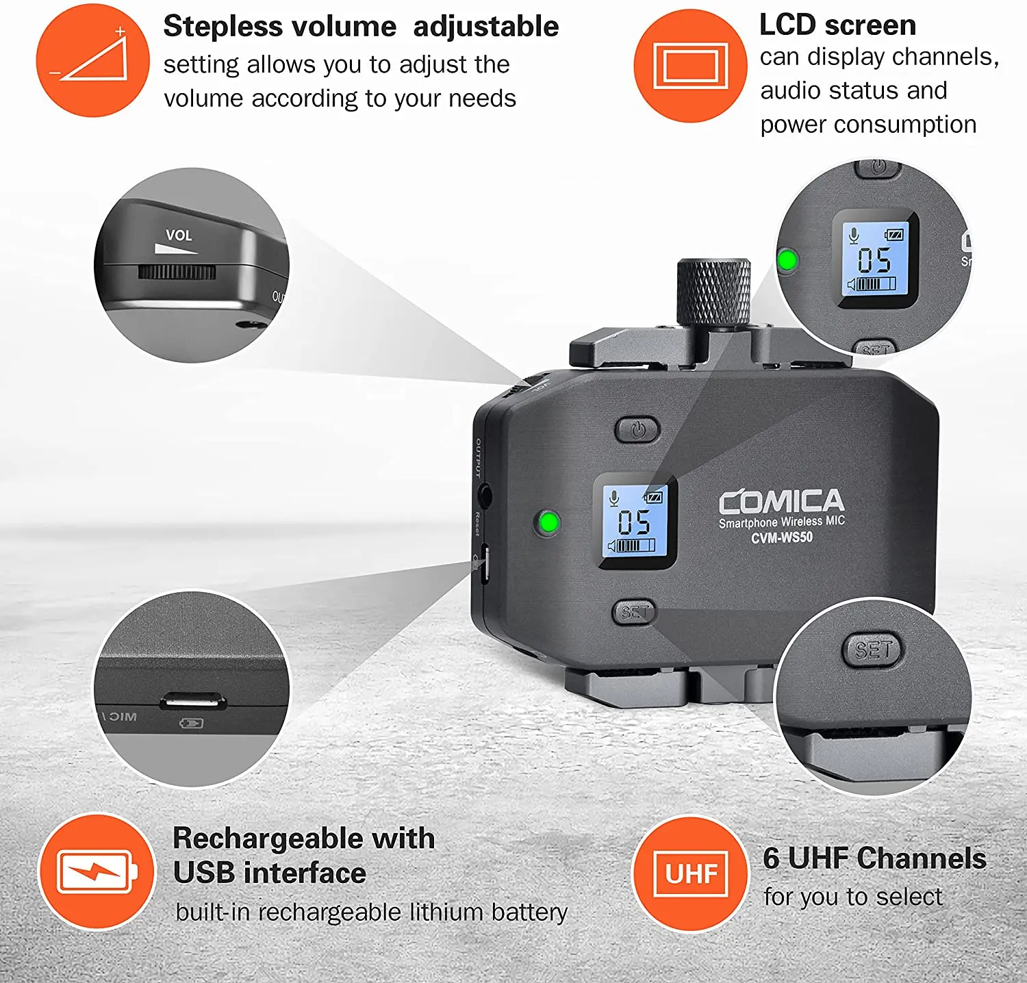Comica CVM-WS50H 무선 마이크, 삼각대 포함, 아이폰, 안드로이드 스마트폰, Dslr 카메라, 인터뷰용 핸드헬드 마이크