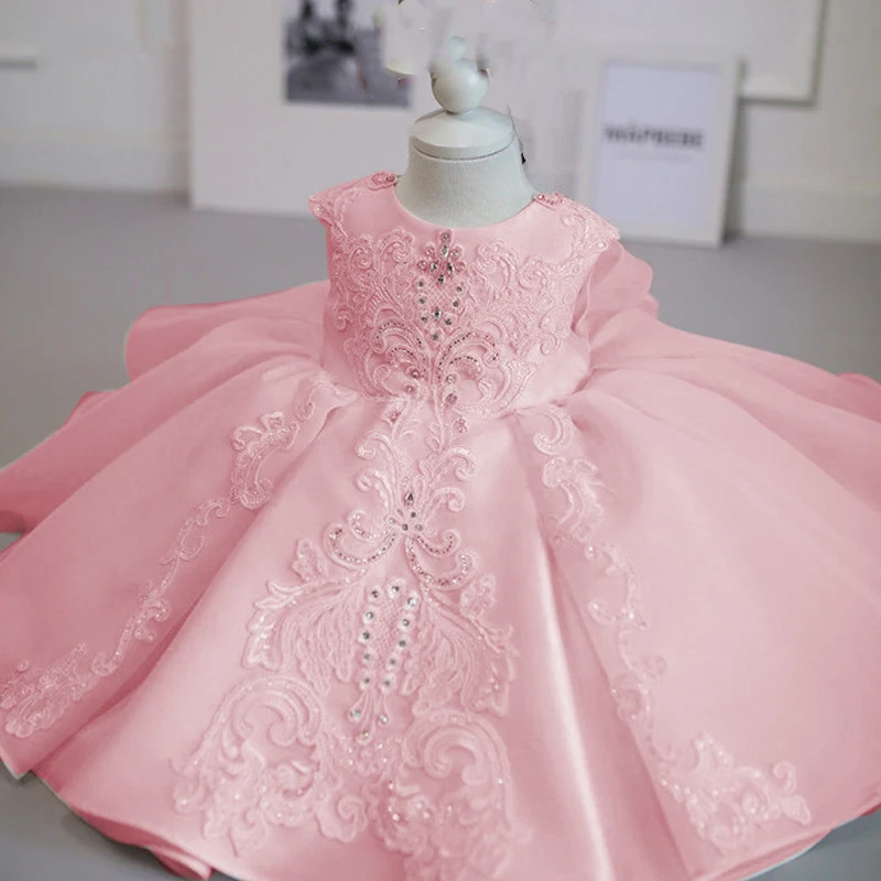 White Baby Princess Girls Dress - Lace Christening Wedding Party Dress With Bow