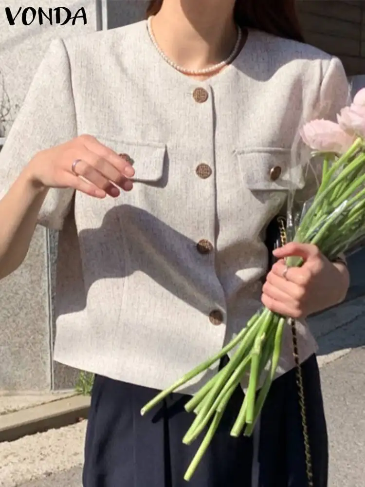 

Fashion Blazer 2023 VONDA Elegant Women Outwear Sexy Short Sleeve O-Neck Streetwear Short Coats Casual OL Style Blazer