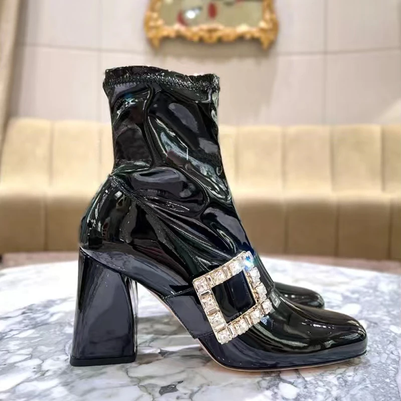 

New ladies fashion square diamond buckle square head short tube thick heel super high heel side zipper fashion thin boots