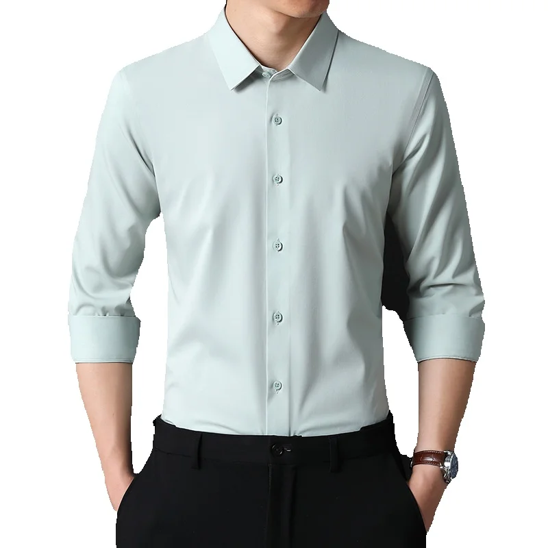 CT Bamboo Fiber Seamless Ice Silk Long Sleeve Men's Non-Iron Stretch Wrinkle-Resistant Business Solid Color Shirt For Men_viptrois.com