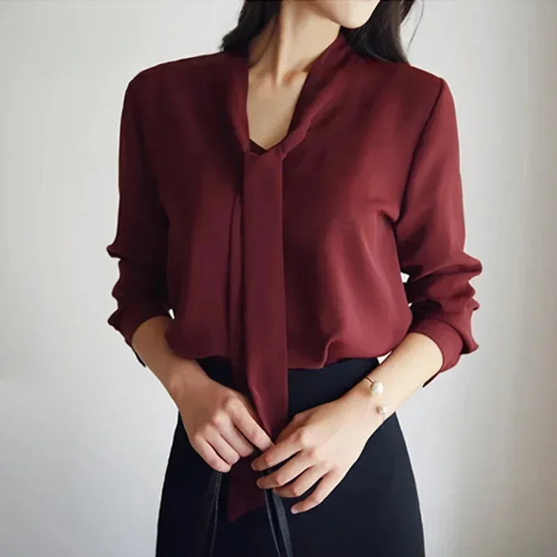 Loose Chiffon Blouse Women Clothing Long Sleeve Lady Elegant Shirts Solid Color Tops A47