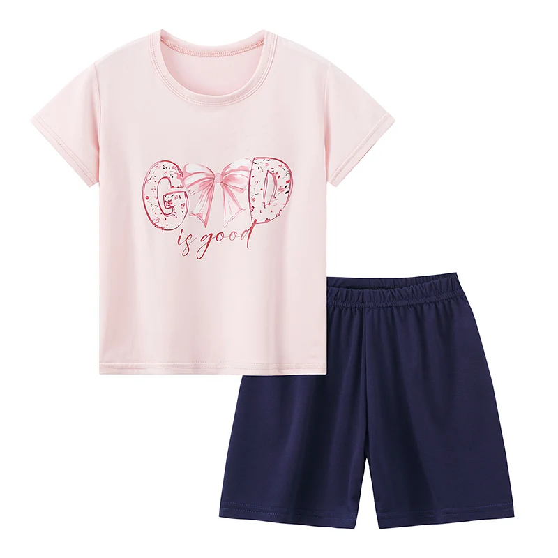 2-Pcs Children's Short-sleeved Shorts Suit Girl Sweet And Lovely Pink Round Neck Shirt Casual Joker Shorts Casual And Comfortable 5