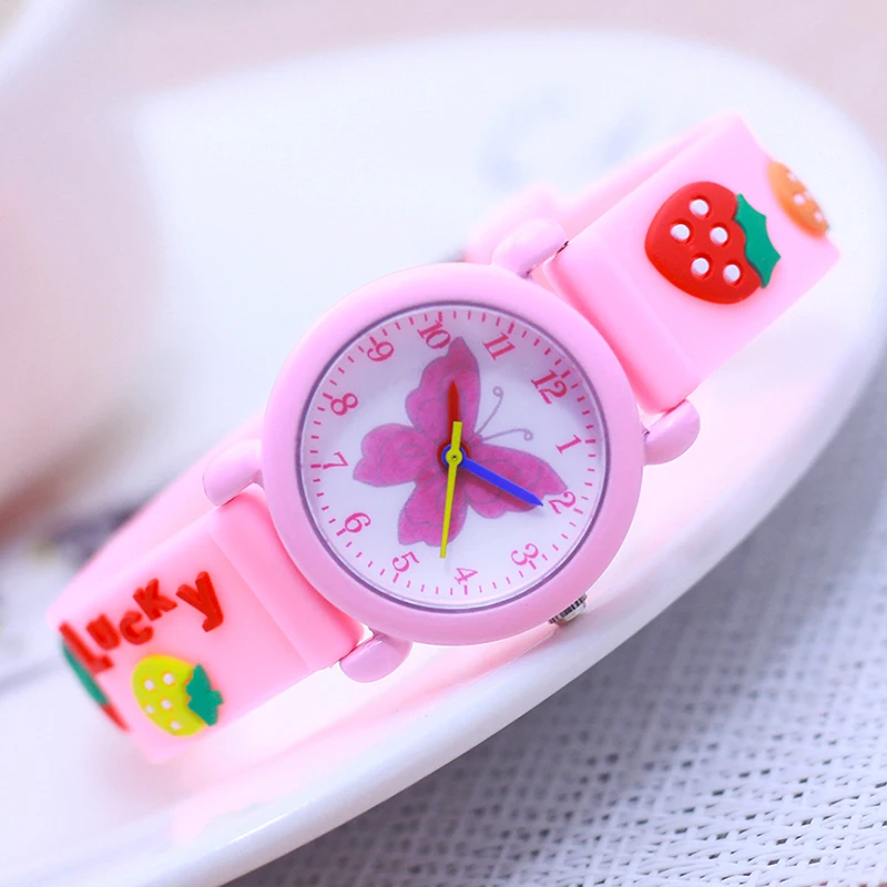 цена new fashion lovely butterfly strawberry silicone strap  watches for baby girls little kids students clear digital quartz watches