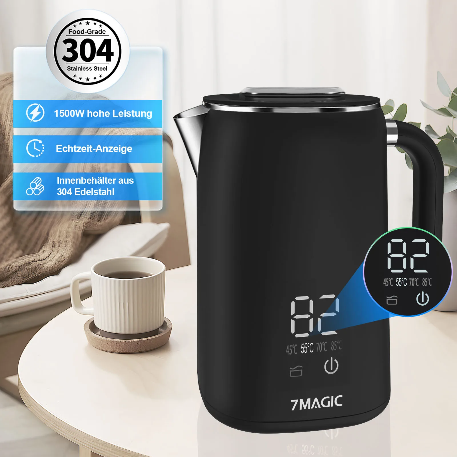 Wasserkocher aus Edelstahl mit Temperatureinstellung (40 ° C100 ° C) 1,7 Liter Teekessel hält warm, Funktion, LED-Anzeige mit Temperatur