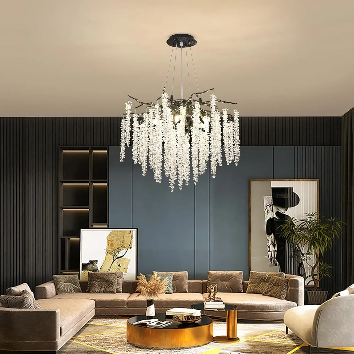 Black Round Crystal Chandelier Tree Branch Chandelier Fixture for