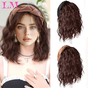 Parrucca sintetica LM con fascia per capelli effetto onda, per donne nere, parrucca brasiliana con foulard, realizzata a macchina, con capelli ricci e mèches.