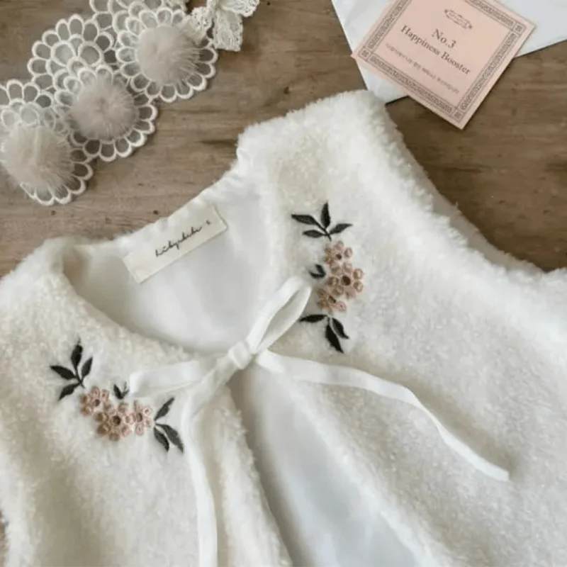 Newborn Baby Girl Fleece Flower Vest Winter Infant Toddler Child Embroidery Jacket Warm Thick Floral Cardigan Baby Clothes 3M-2Y