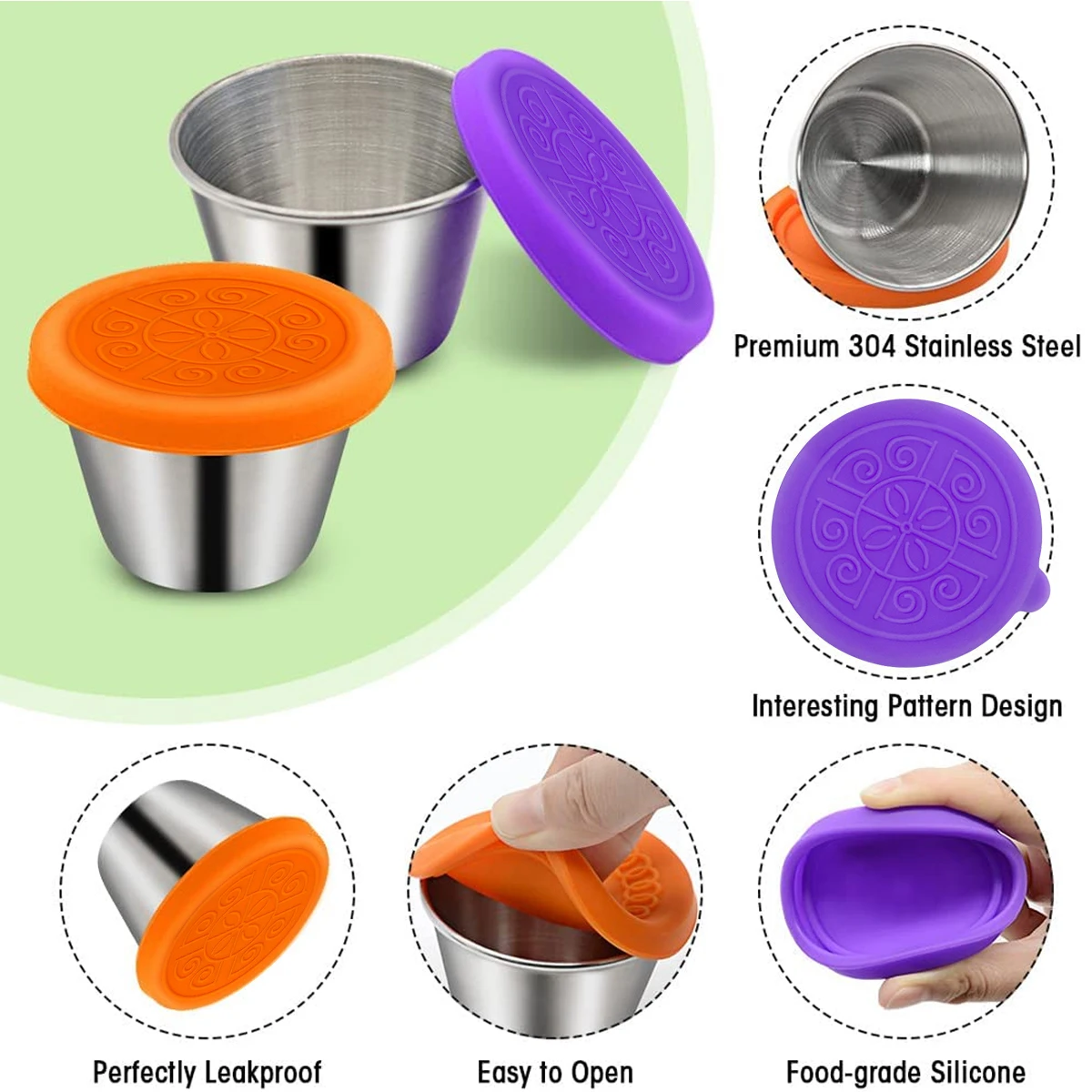 6 Pcs stainless steel condiment container with silicone lid