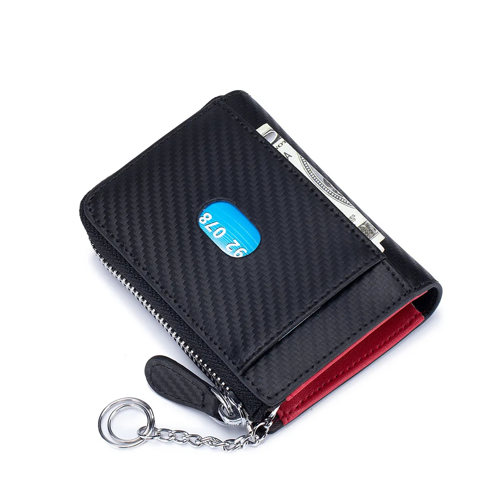 Leather Carbon Fiber Card Bag  Men's Zipper Business Card Clip Rfid Coin Purse