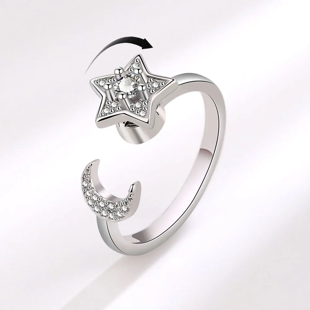 VENTFILLE 925 Sterling Silver Moon And Stars Zircon Rotatable Ring For Women Gift Diamond Relieve Stress Ring Jewelry Wholesale