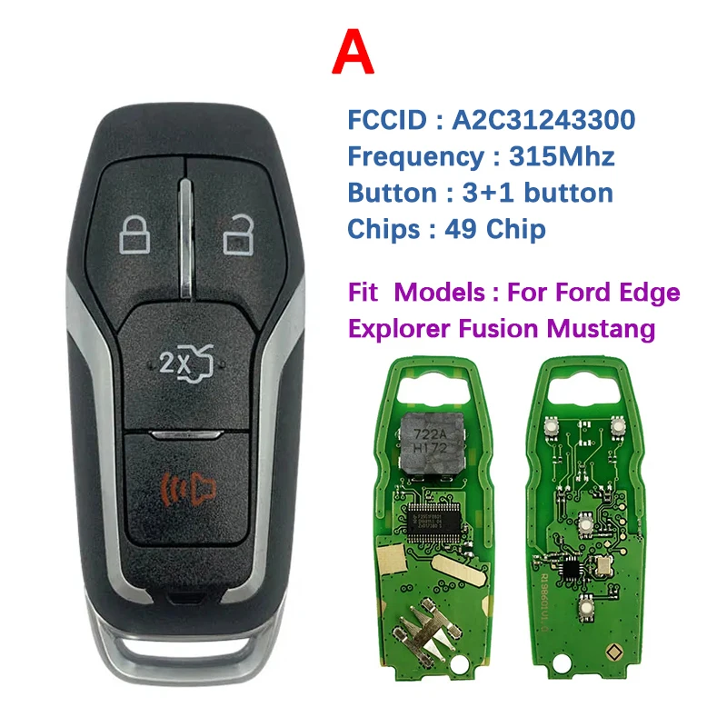 CN018122 for Ford Fusion Explorer Edge Mustang Mondeo Kuka 2013-Remote Smart Key FCC M3N-A2C31243300 49 Chip key case car key shell car remote key car key key shell