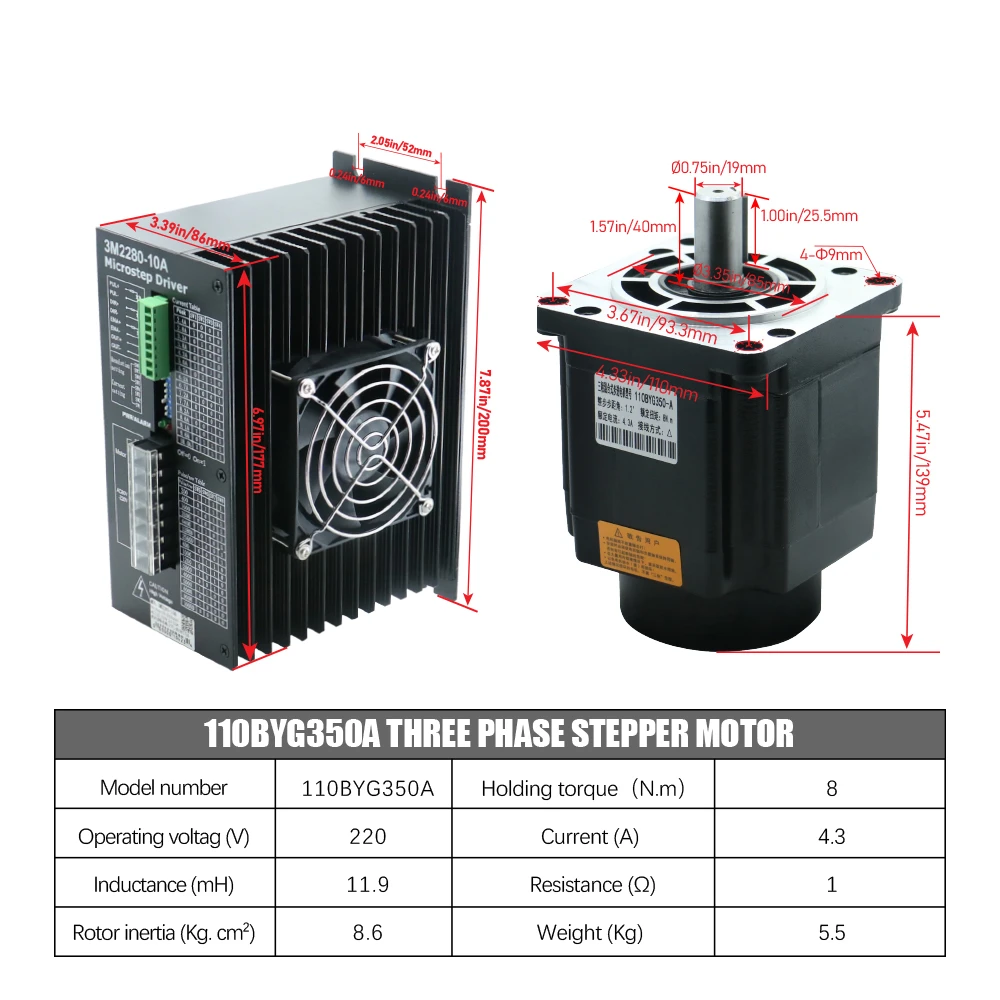NEMA 42 3 상 AC 스텝퍼 모터 키트, 110mm 8N.m 110BYG350A 3M2280-10A 드라이버, 220V 하이브리드 4.3A CNC 라우터 테이블 타각기