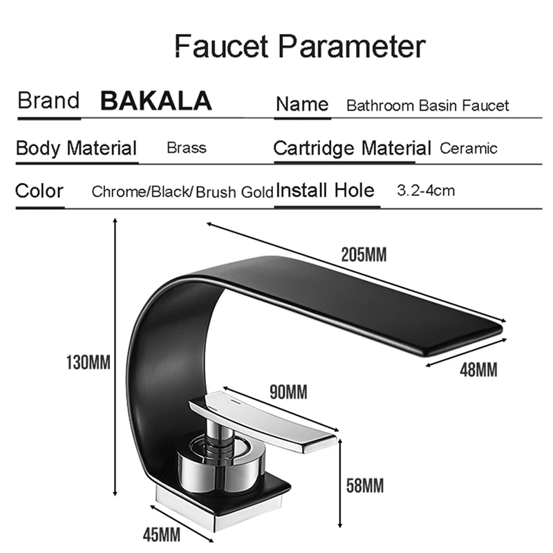 BAKALA – robinet d'eau chaude et froide à poignée unique, cascade d'eau de salle de bains, robinet d'évier en acier inoxydable 304