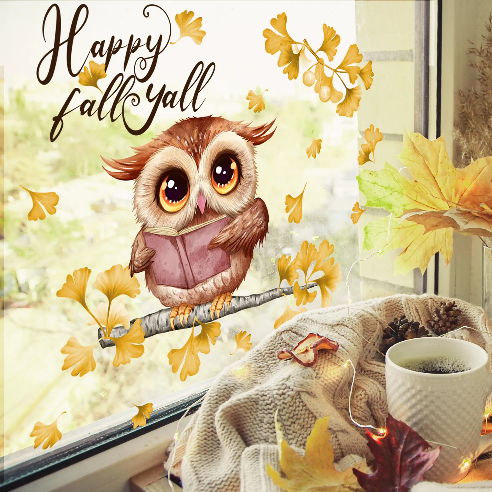 30*50cm Cartoon Twig Bird Eagle Wall Stickers Golden Leaves Autumn Wall Stickers Glass Window Wall Stickers Wallpaper  Ct4048 30 90cm 2 sheet wind chimes dream catcher sticker diy window glass wall stickers bedroom decor stickers self adhesive wallpaper