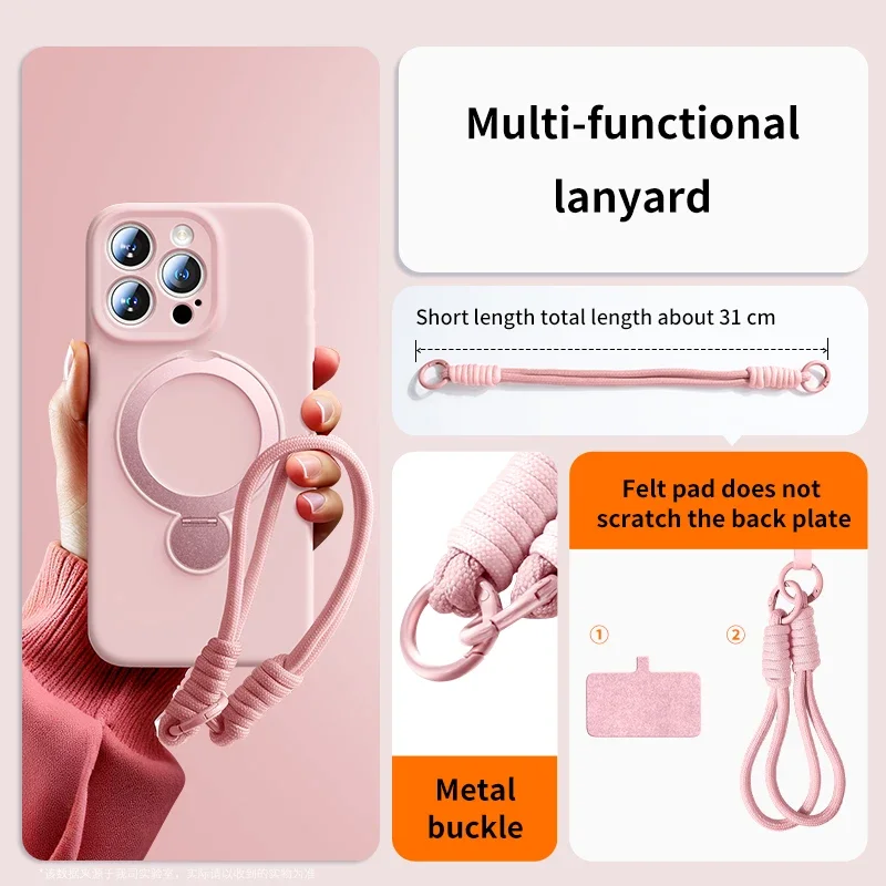 Magnetic Liquid Silicone Phone Case with Hanging Strap and Protective Bracket