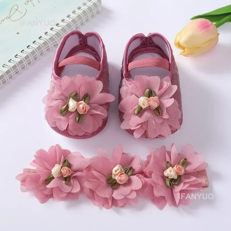Spring Autumn Soft Sole Baby Shoes Hairband Set Baby Shoes 0-1Year Old Newborn Princess Rose Flower Dress Shoes Birthday Gift 2