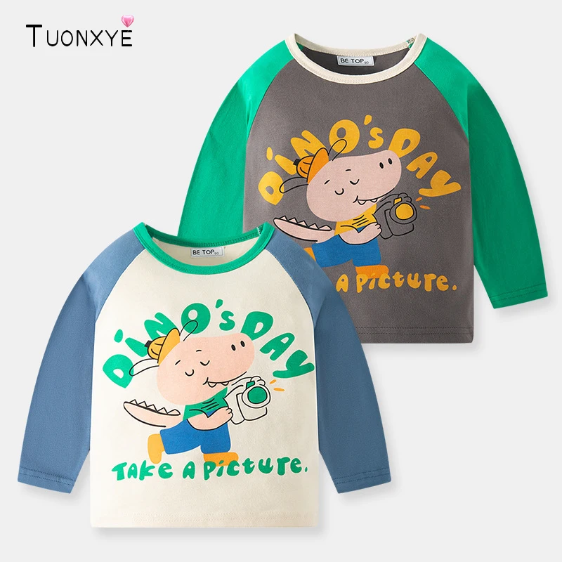 

TUONXYE Осенние футболки с длинным рукавом для мальчиков с рисунком динозавра хлопковые Повседневные Дышащие Мягкие пуловеры детская одежда