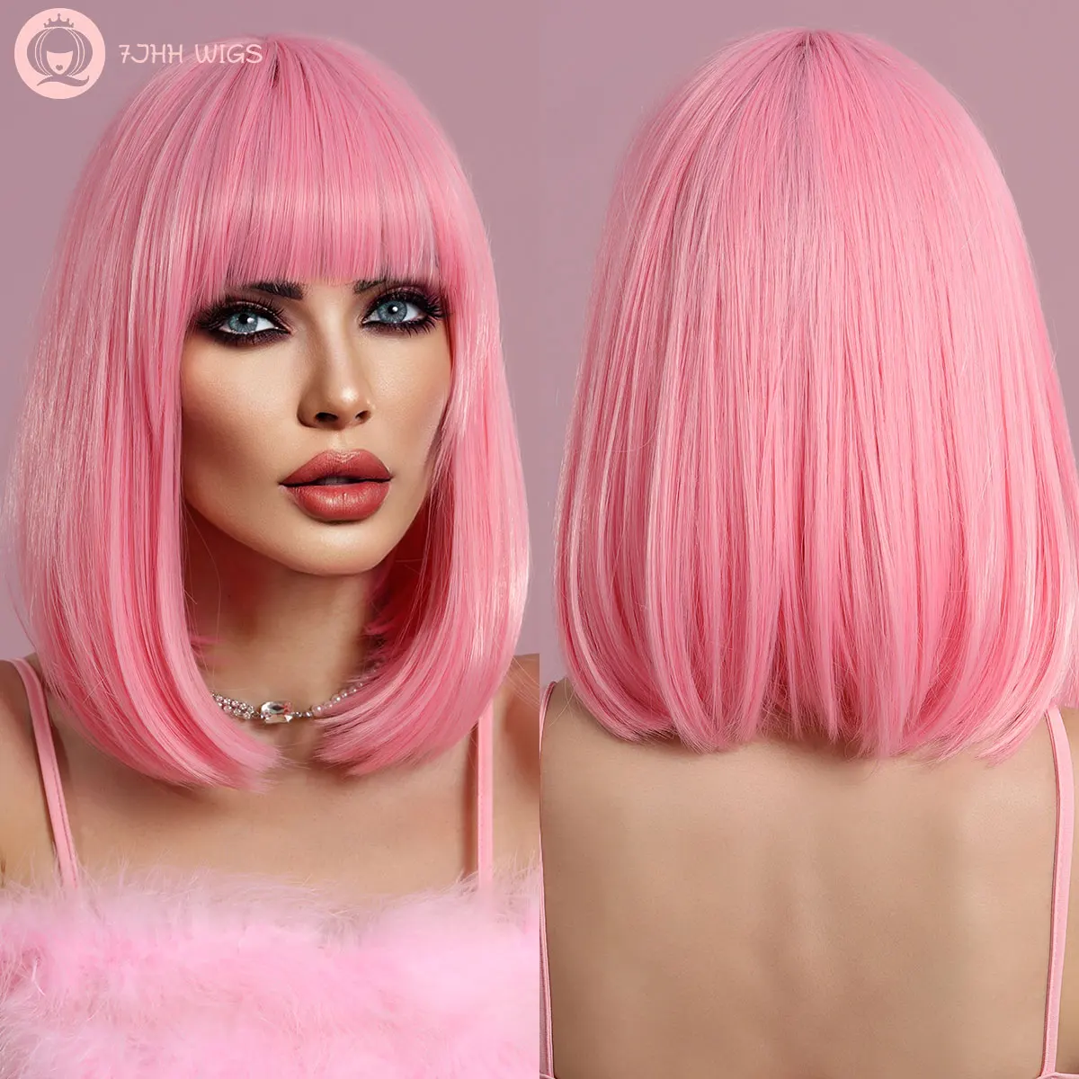 7JHH WIGS Red Bob with Bangs Short Wavy Synthetic Wig for Women Burgundy Curly Short Hair WigCosplay Party Use