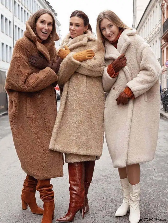

Fashion Women's Woolen Coat Jackets Big Lapel Pockets Single Button Warm Thick Loose Lamb Fur Coats Female Autumn 2023 New