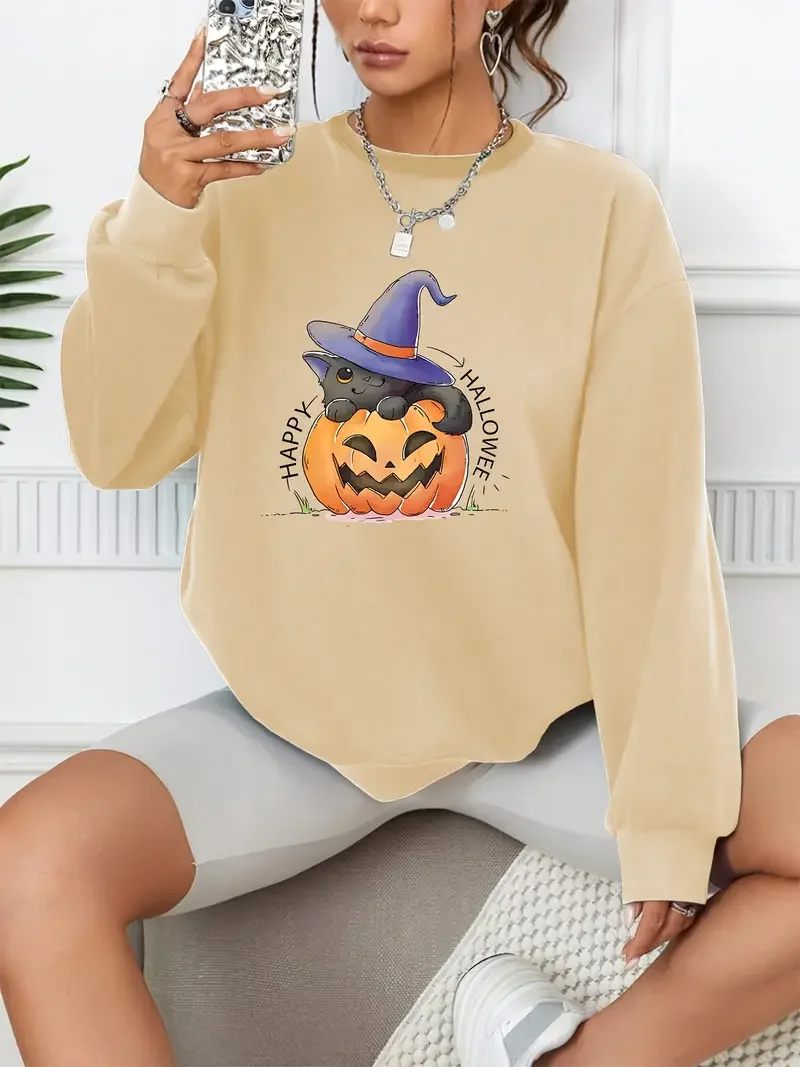 Cute Pumpkins Black Cat Print Casual Loose Fashion Long-Sleeved Pullover Solid Color Women's Swearshirts