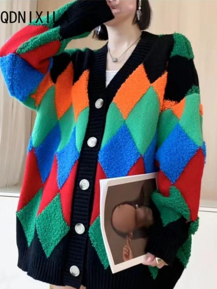 

Oversized Cardigan Sweater Women's Loose Plaid V-neck Knitted Tops Coats Rainbow Color New Knit Fashion Women Sweaters 2023